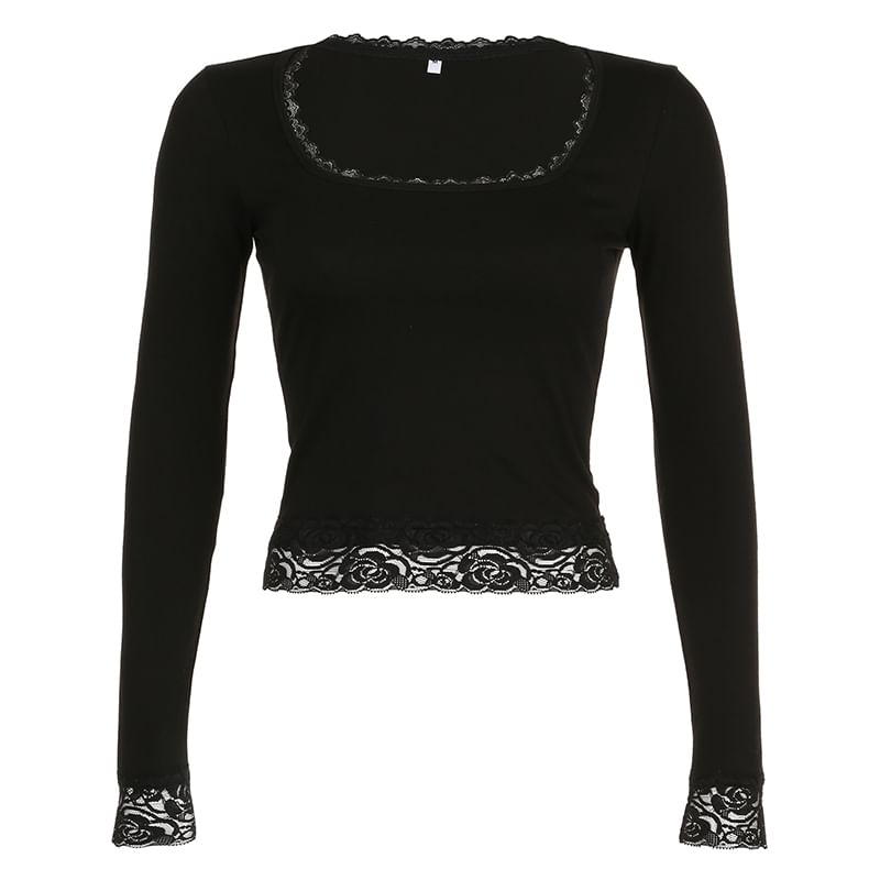 Cropped Top Long-Sleeve Lace Square-Neck