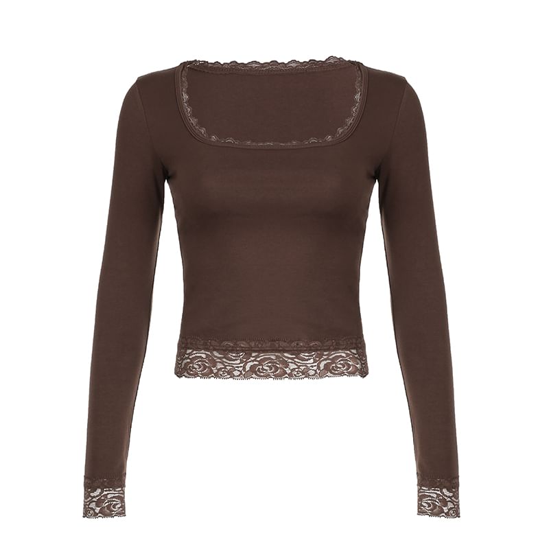 Cropped Top Long-Sleeve Lace Square-Neck