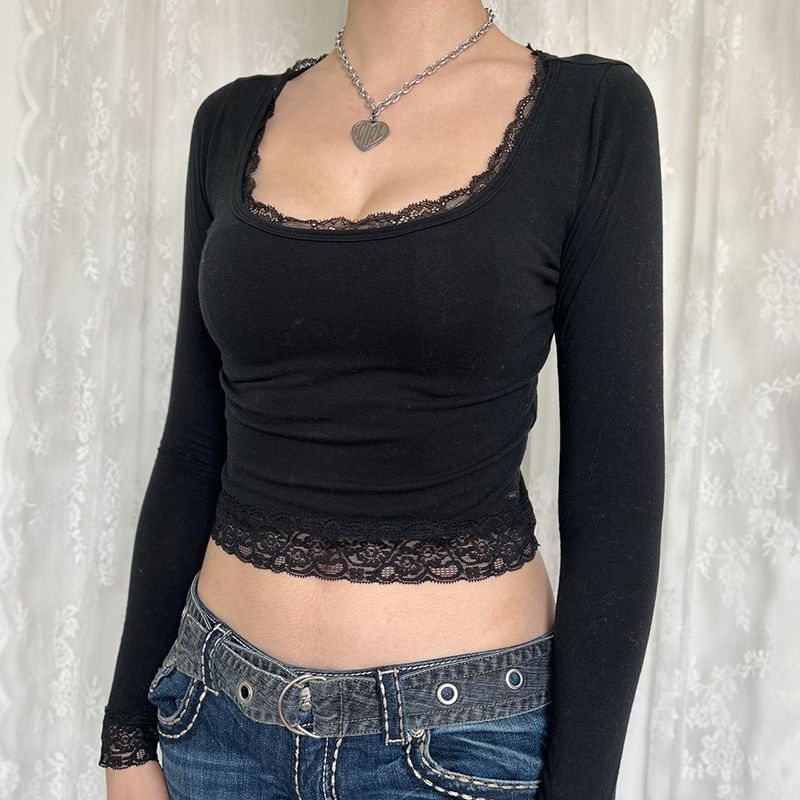 Cropped Top Long-Sleeve Lace Square-Neck