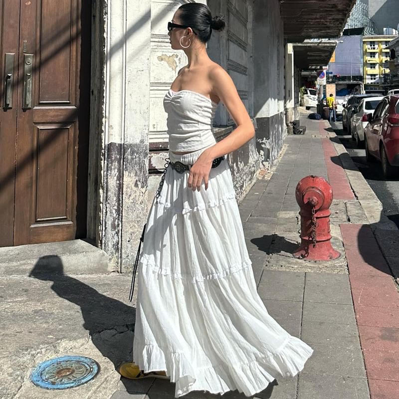 Elastic Maxi Top Skirt Waist Ruffle Plain Tiered A-Line / Tube