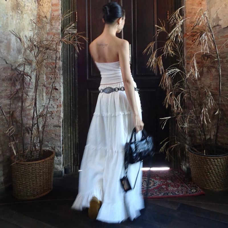 Elastic Maxi Top Skirt Waist Ruffle Plain Tiered A-Line / Tube