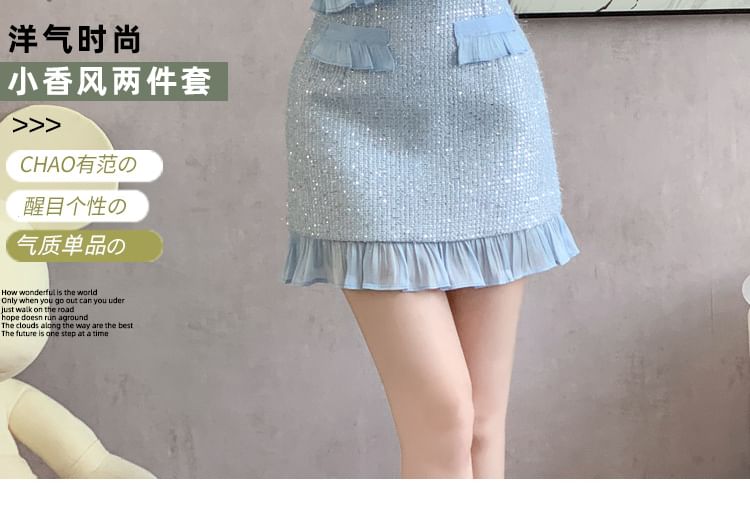 Set: Round Neck Ruffle Tweed Button Jacket + High Waist Mini Pencil Skirt