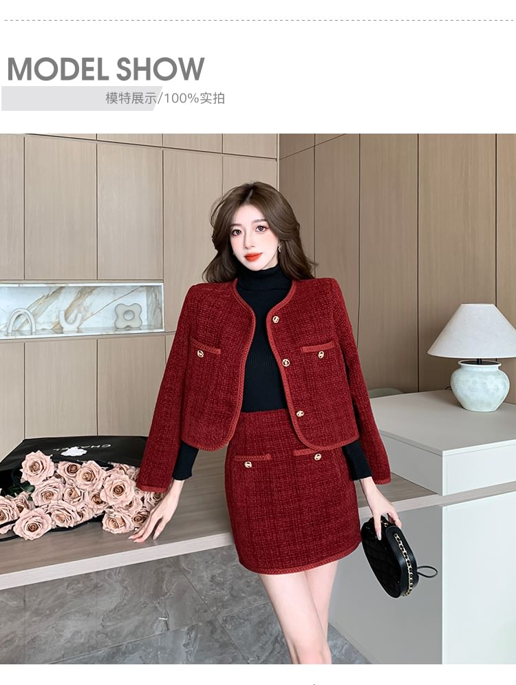 Set: Collarless Tweed Button Jacket + High Waist Mini Pencil Skirt