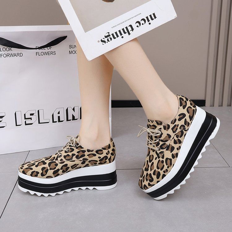 Lace-Up Print Platform Shoes Leopard