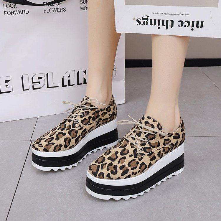 Lace-Up Print Platform Shoes Leopard