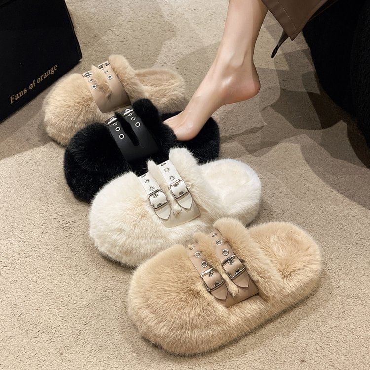Buckled Fleece Platform Sandals