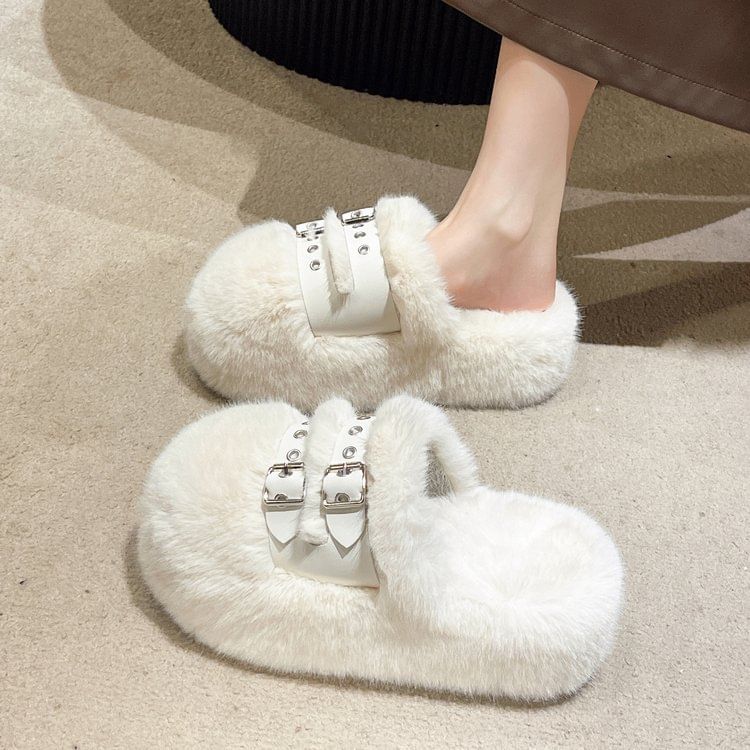 Buckled Fleece Platform Sandals