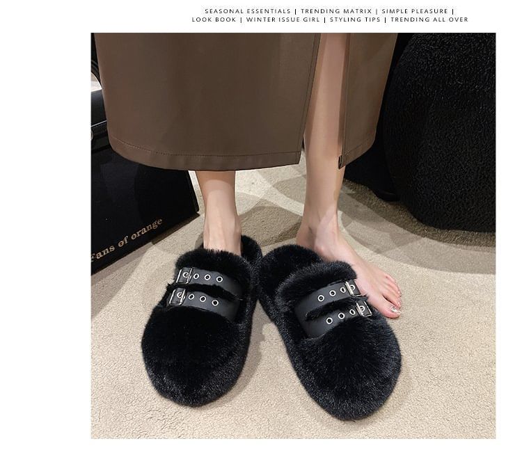 Buckled Fleece Platform Sandals