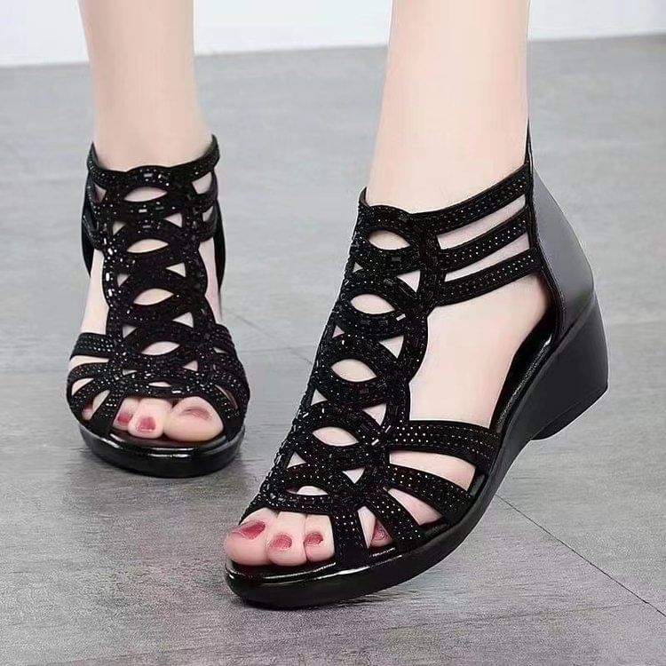Glitter Low-Heel Sandals Perforated