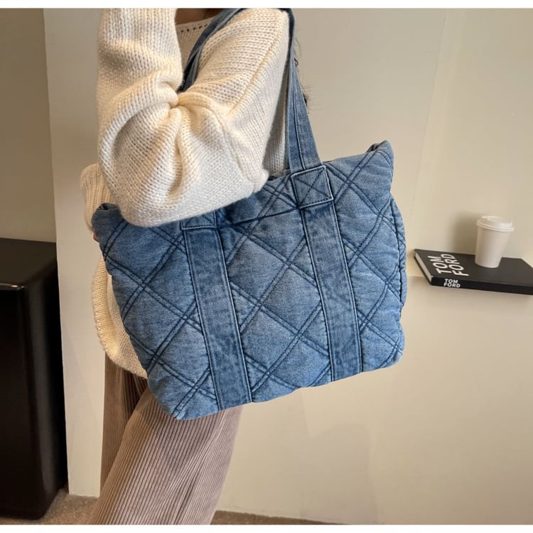 Washed Denim Puffer Tote Bag