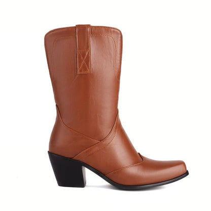 Panel Block Heel Mid Calf Boots