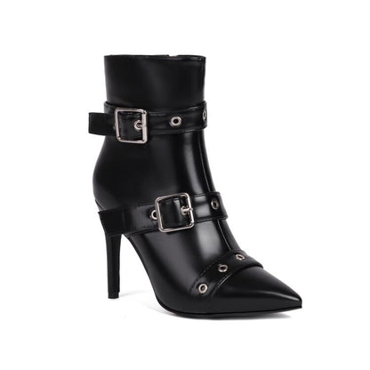 Pointed Toe Buckled High Heel Short Boots