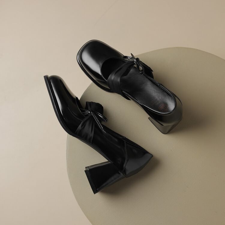 Bow Patent Leather Block Heel Pumps