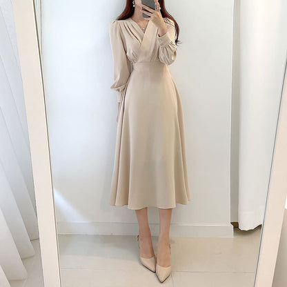 Long-Sleeve V-Neck Plain Midi A-Line Dress