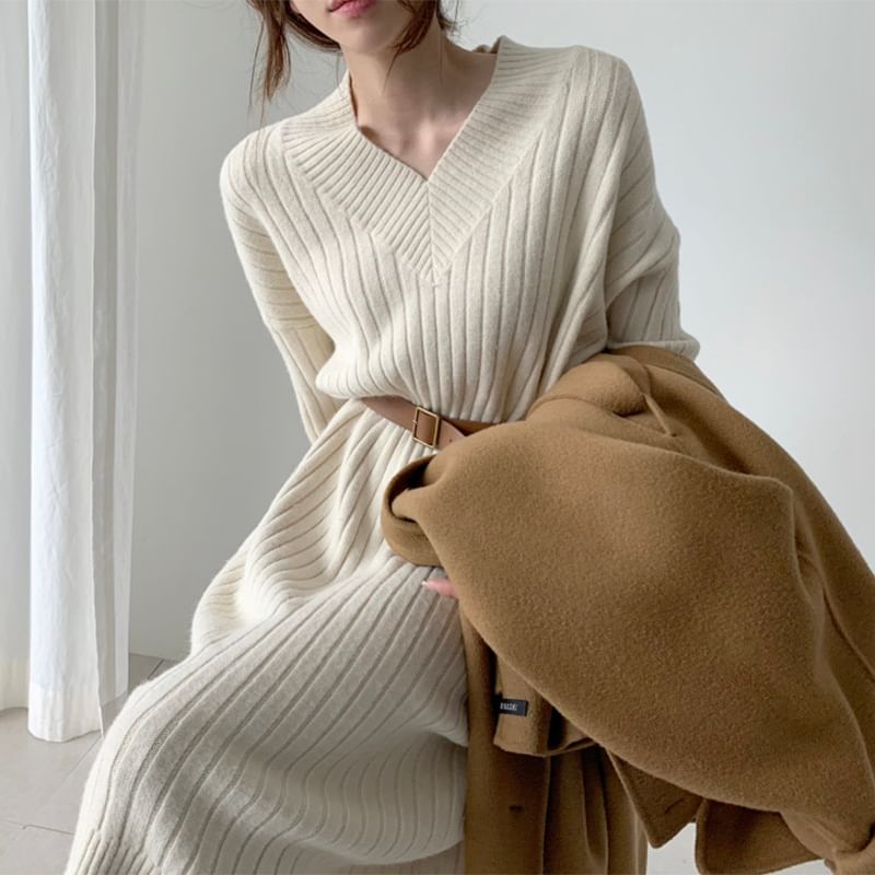 Long-Sleeve V-Neck Plain Ribbed Midi Sweater Dress