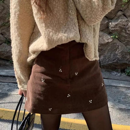 High Waist Flower Embroidered Mini Straight Skirt