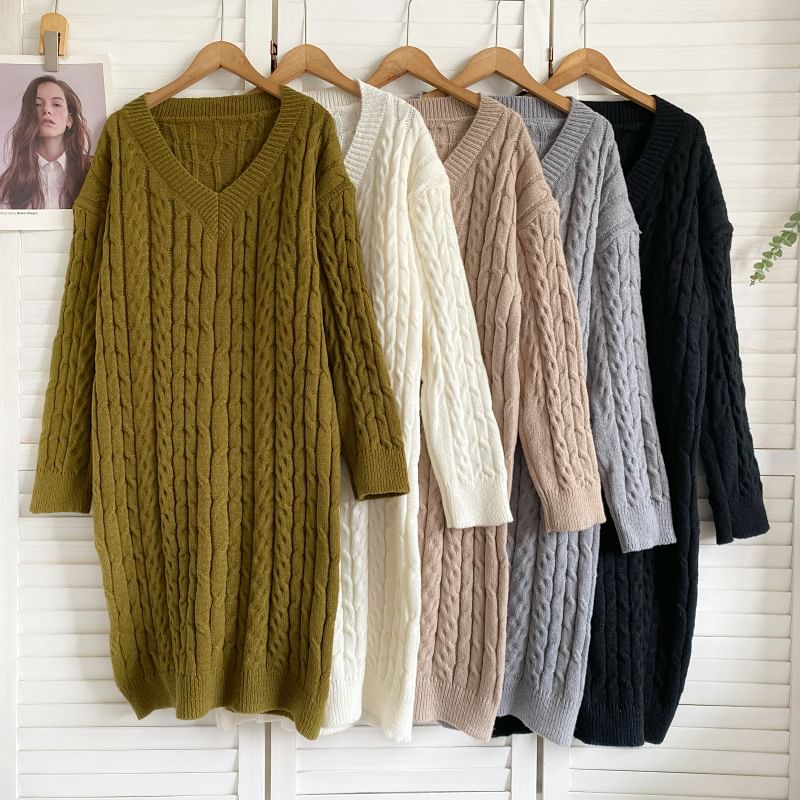 V-Neck Plain Cable Knit Sweater Dress