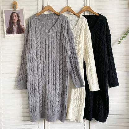 V-Neck Plain Cable Knit Sweater Dress