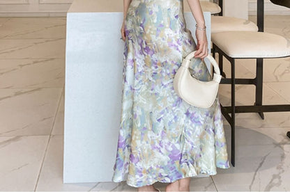 Spaghetti Strap V-Neck Floral Print Maxi Mermaid Dress