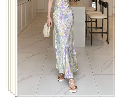 Spaghetti Strap V-Neck Floral Print Maxi Mermaid Dress