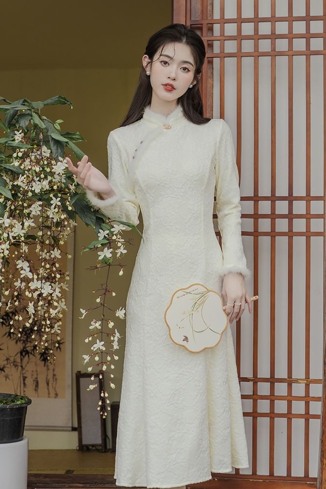 Long-Sleeve Floral Fluffy Trim Midi Mermaid Qipao