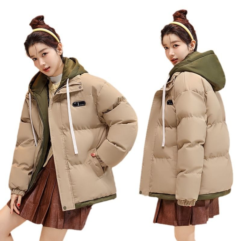 Mock Two-Piece Two-Tone Padded Hooded Drawstring Zip Jacket