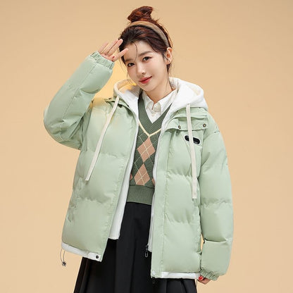 Mock Two-Piece Two-Tone Padded Hooded Drawstring Zip Jacket