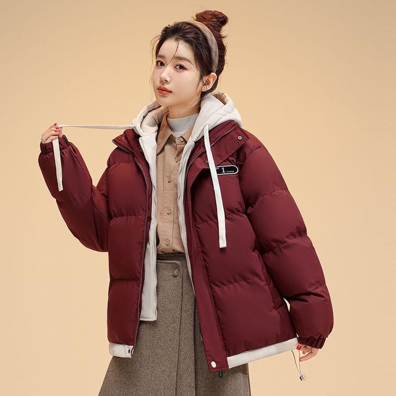 Mock Two-Piece Two-Tone Padded Hooded Drawstring Zip Jacket