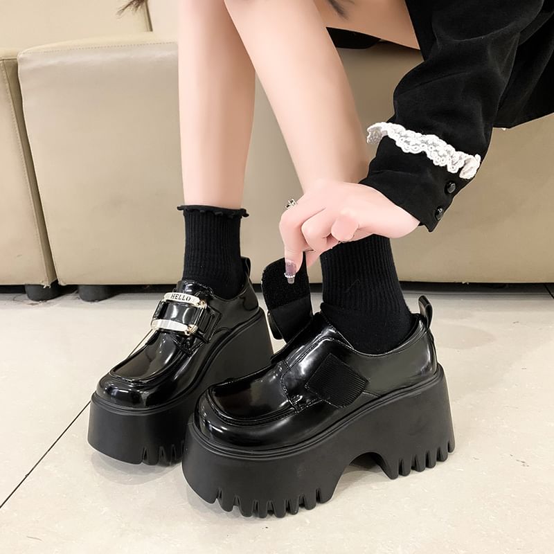 Strap Leather Loafers Buckled Patent Adhesive Platform