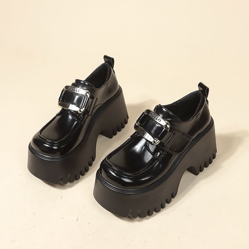 Strap Leather Loafers Buckled Patent Adhesive Platform