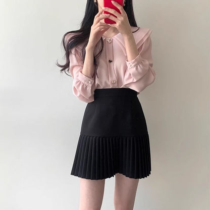 Long-Sleeve Plain Heart Button Blouse / High Waist Accordion Pleated Mini A-Line Skirt