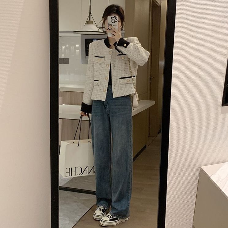 Tweed Plaid Button-Up Jacket