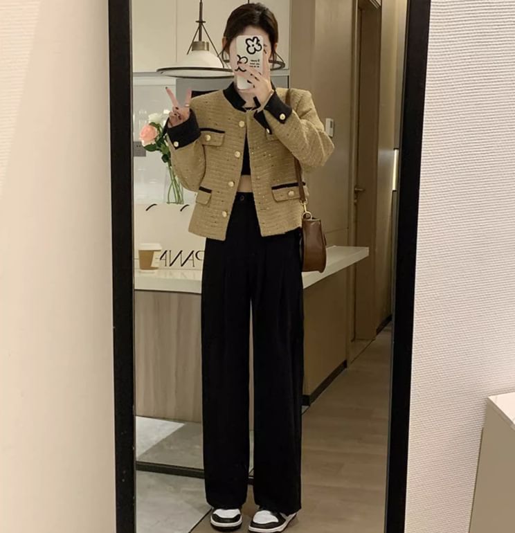 Tweed Plaid Button-Up Jacket