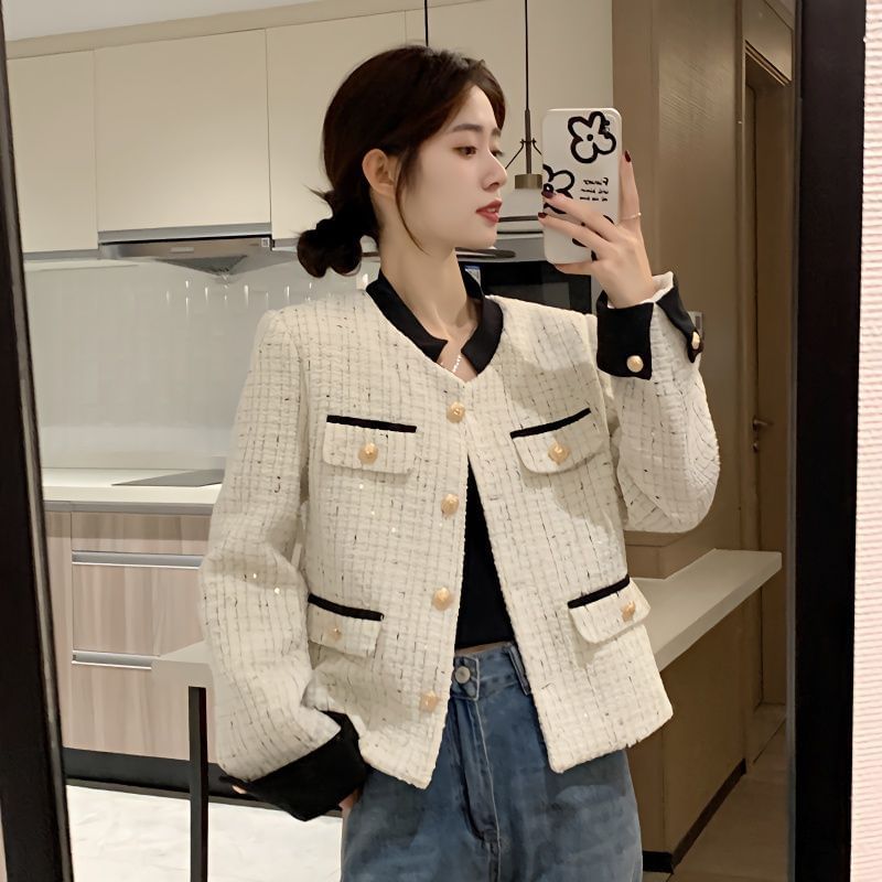 Tweed Plaid Button-Up Jacket