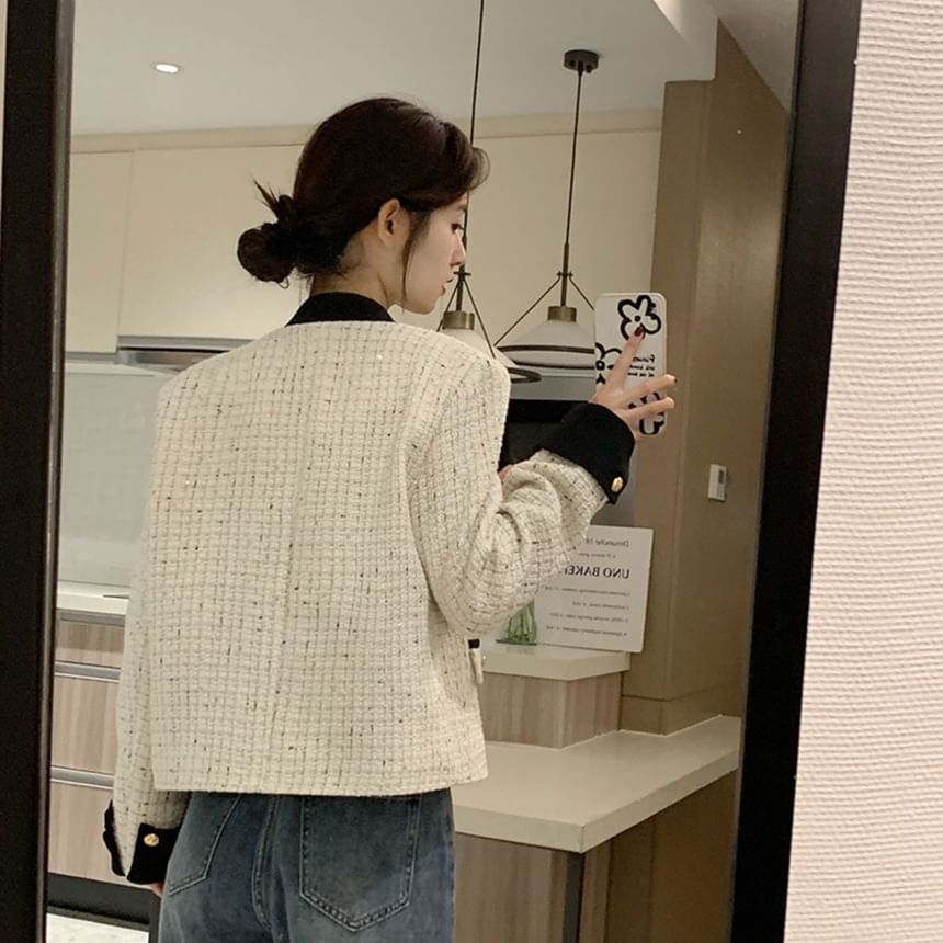 Tweed Plaid Button-Up Jacket