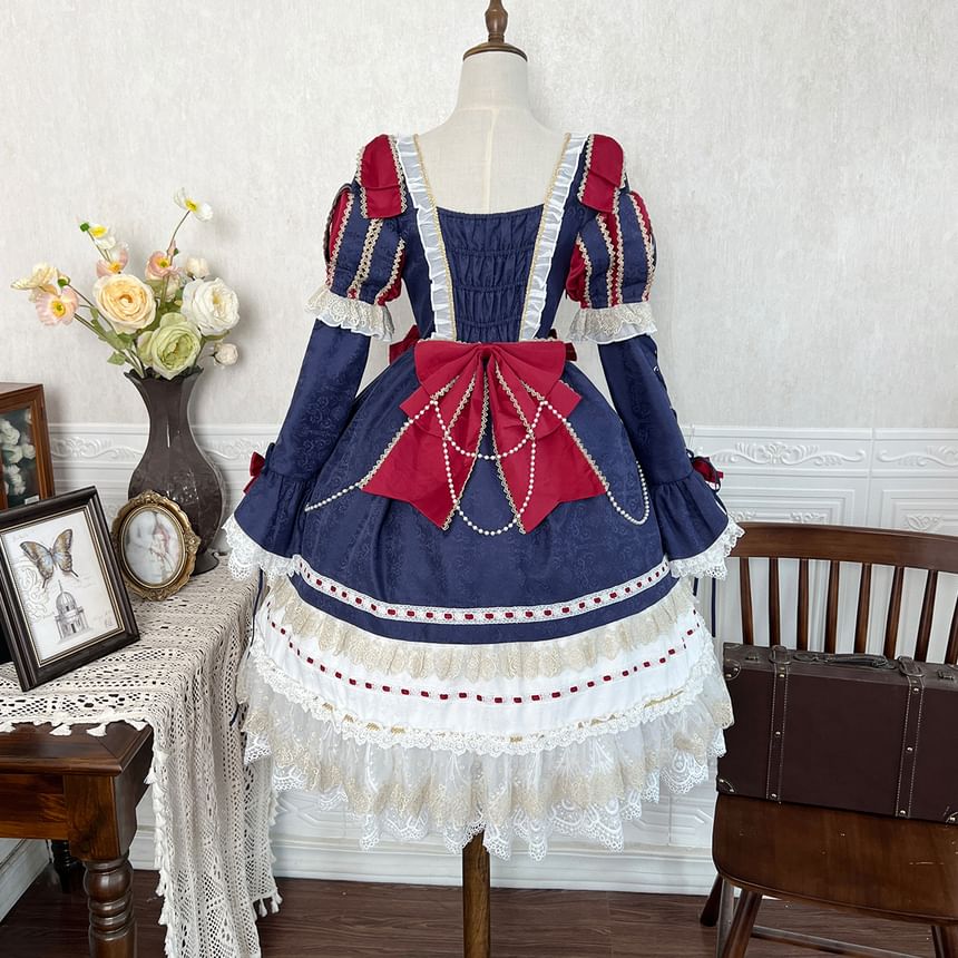 Puff Sleeve Square Neck Bow Ruffle Panel Midi A-Line Lolita Dress