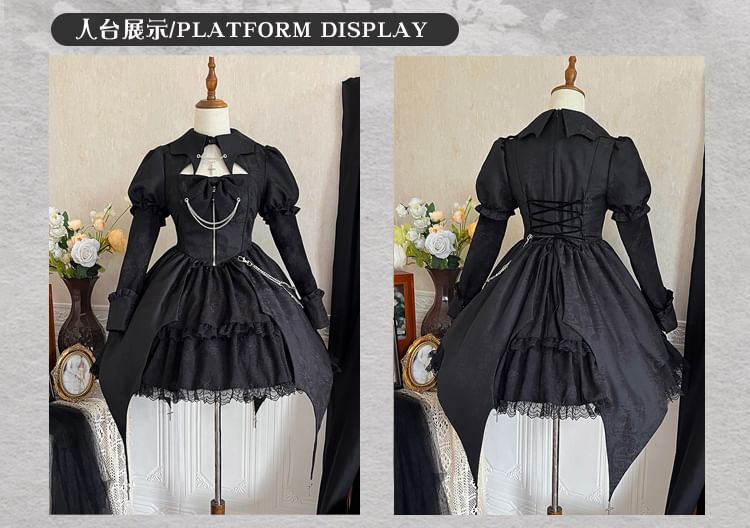 Lolita Puff Sleeve Collared Plain Cutout Ruffle Lace Up Mini A-Line Dress / Chain / Crinoline / Set