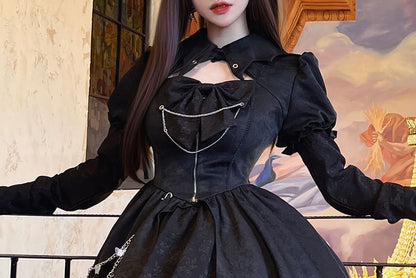 Lolita Puff Sleeve Collared Plain Cutout Ruffle Lace Up Mini A-Line Dress / Chain / Crinoline / Set