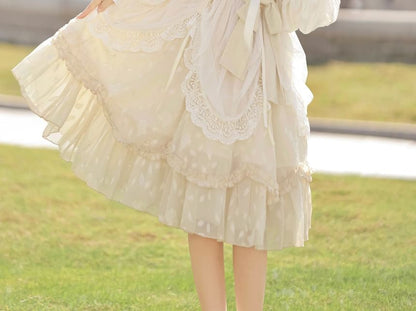 Long-Sleeve Round Neck Lolita Floral Applique Bow Ruffle Panel A-Line Dress