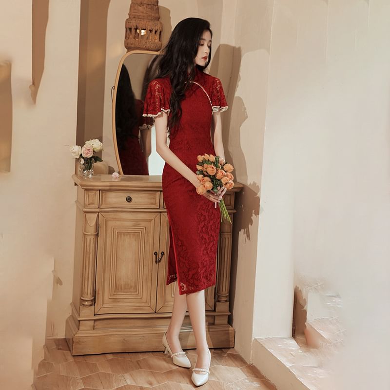 Short-Sleeve Lace Mini Qipao Dress