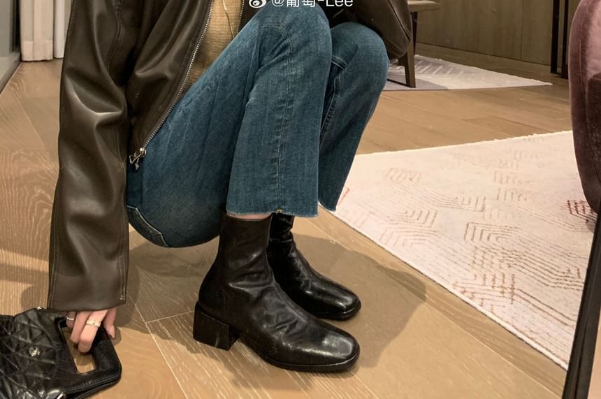 Genuine Leather Low-Heel Square Toe Short Boots