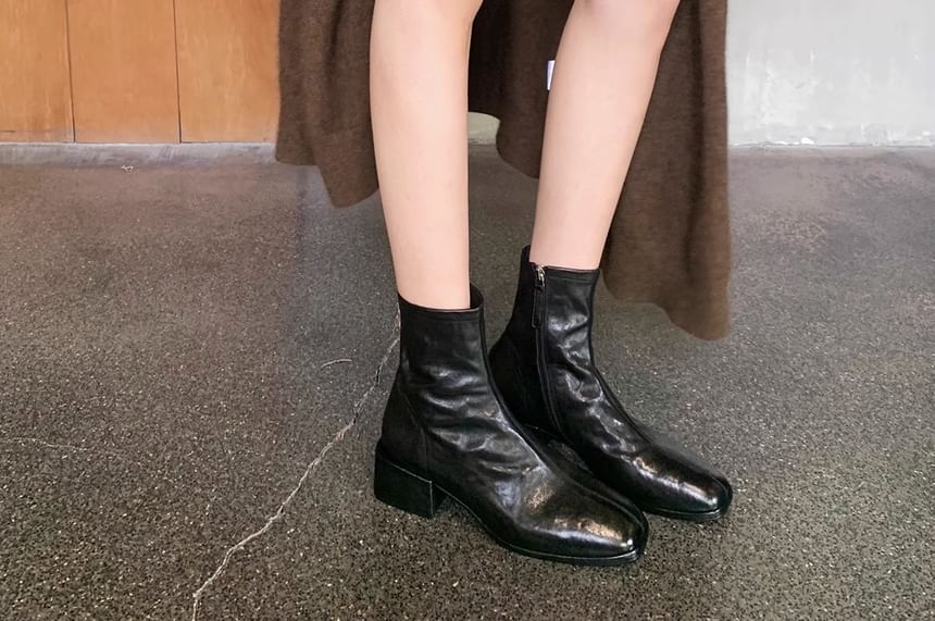 Genuine Leather Low-Heel Square Toe Short Boots