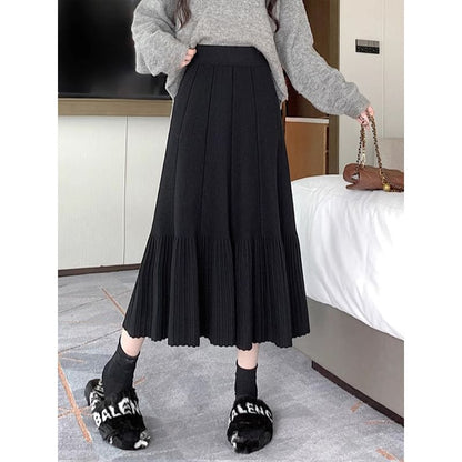 High Waist Plain Midi A-Line Knit Skirt