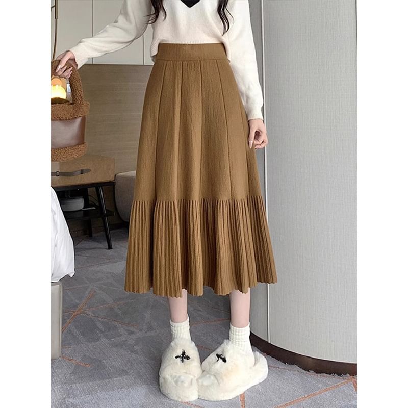 High Waist Plain Midi A-Line Knit Skirt