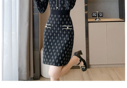 Long-Sleeve Collar Patterned Knit Mini Sheath Dress