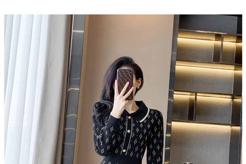 Long-Sleeve Collar Patterned Knit Mini Sheath Dress