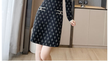 Long-Sleeve Collar Patterned Knit Mini Sheath Dress