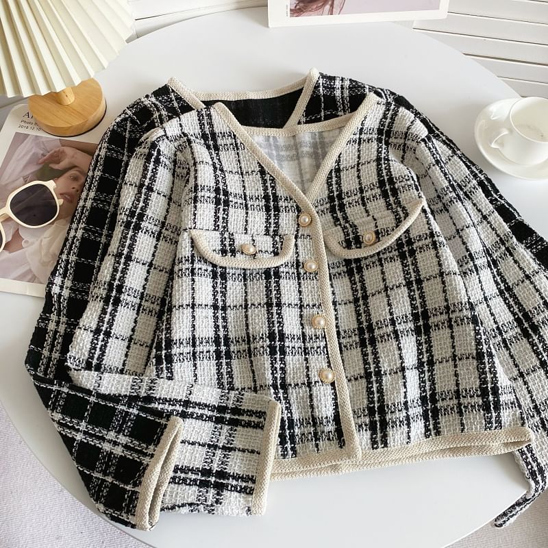 V-Neck Patterned Tweed Faux Pearl Buttoned Crop Jacket