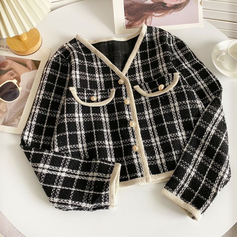 V-Neck Patterned Tweed Faux Pearl Buttoned Crop Jacket