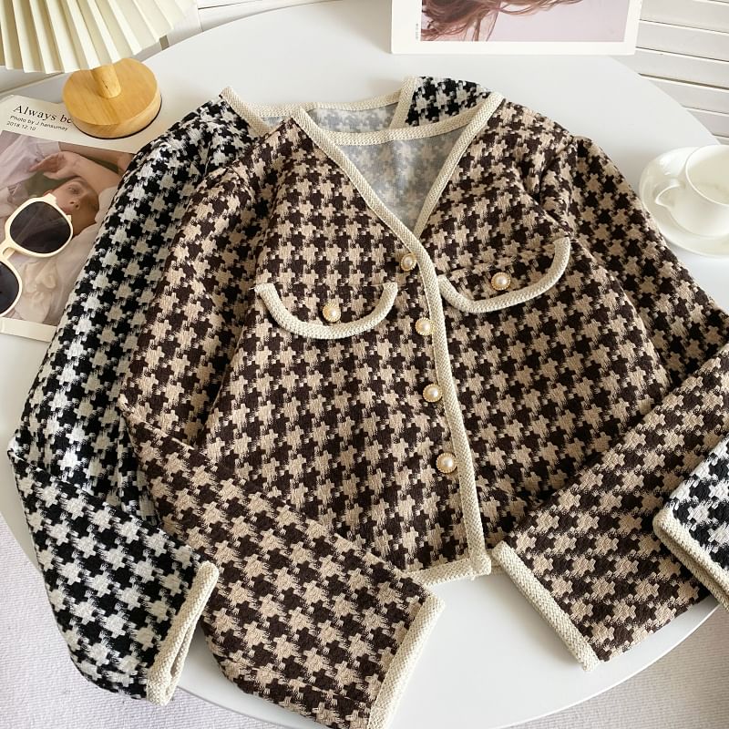 V-Neck Patterned Tweed Faux Pearl Buttoned Crop Jacket